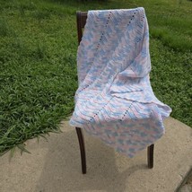 Handmade 43&quot;x46&quot; Pink Blue White Chevron Afghan Crochet Baby Blanket - £17.90 GBP