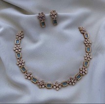 Indian Gold Plated Bollywood Style Choker Necklace Blue Sapphire CZ Jewelry Set - £37.95 GBP