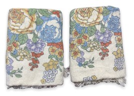 2 Vtg 70s Lady Pepperell Cream Floral Bouquet Fringe Bath Towels 42x23”USA Made - £20.79 GBP