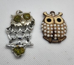 Two Cute Owl Pendants White Enameled &amp; Green-Eyed Swing Jewelry - £5.51 GBP