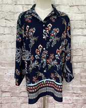 CHICO&#39;S Navy Blue Orange Green Floral 3/4 Sleeve Button Up Shirt Top Siz... - $32.00