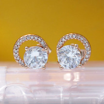 Rose Gold Plated Sparkling Round Halo Stud Earrings With CZ - £13.31 GBP