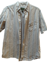 Eddie Bauer SMALL SPOT Men's button front shirt striped M Medium tan blu... - $8.23