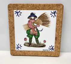 Hand Painted Tile Trivet Hot Plate Ceramic and Cork Made in Portugal 7.75&quot; - £9.56 GBP