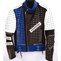 Blue Unique Design Full Silver Studded Biker Leather Jacket Black White Mens - £127.86 GBP