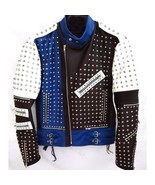 Blue Unique Design Full Silver Studded Biker Leather Jacket Black White ... - £126.70 GBP