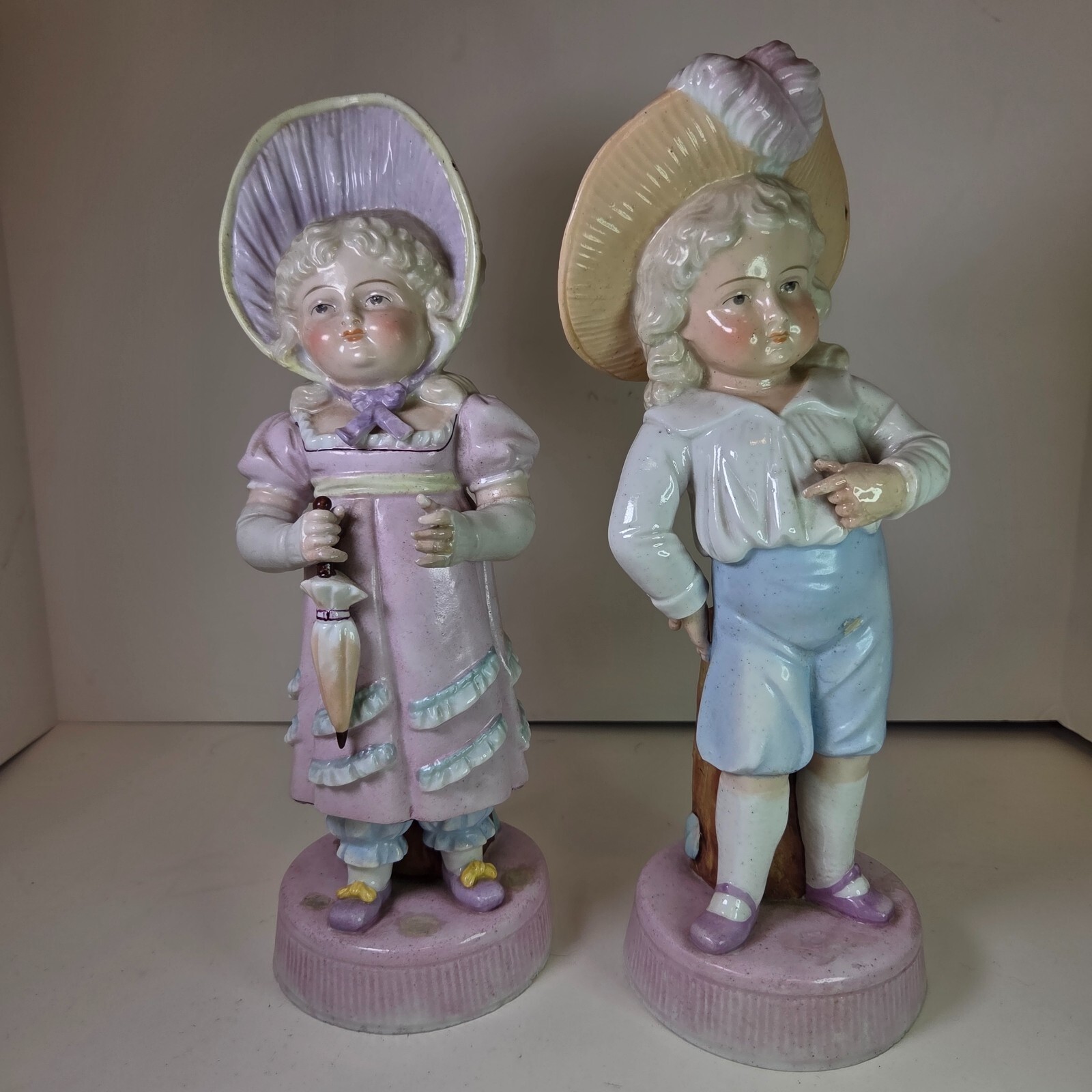 Bisque Boy &amp; Girl Holding Umbrella Porcelain Figurines 10-11&quot; - £47.30 GBP