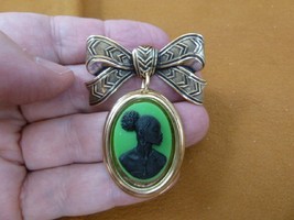 CA10-146 RARE African American LADY green + black CAMEO brass bow Pin Pendant - £26.86 GBP