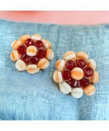 Vintage Western Germany Clip On Earrings Beaded Red  Gold Tone - €19,88 EUR