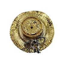 Gold Tone Sun Straw Hat w Ribbon Pin Brooch - $241.39 MXN