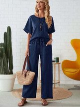 Round Neck Half Sleeve Top and Pocketed Pants Set - $35.00