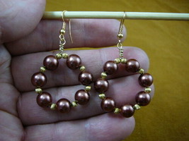 (EE-802-17) Brown 8 mm beaded pealized glass hoop dangle circle gold earrings - £26.14 GBP