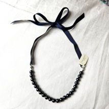 Talbots Classic Faux Pearl Choker Necklace Navy Blue Grosgrain Ribbon Bead New - $21.34