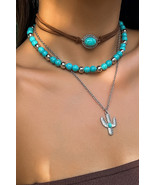 Turquoise Vintage Cactus Pendant Beaded Necklace Set - $93.36 MXN
