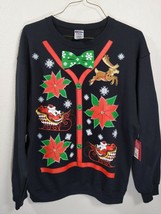 Ugly Christmas Sweater Sweatshirt Black Poinsettia Bow Tie Size Large NWT - £11.98 GBP