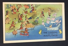 The Landing of the Mayflower Rare Comic Linen PC - £33.65 GBP