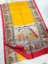yePure tussor yellow ghicha silk madhubani print saree for women - £95.92 GBP