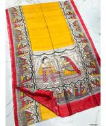 yePure tussor yellow ghicha silk madhubani print saree for women - £95.63 GBP