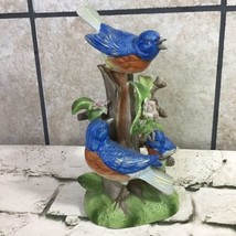 Vintage Bird Figurine 9” Tall Blue Jays On Floral Branch Handpainted Ceramic  - £23.73 GBP