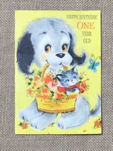 Ephemera Vintage Forget Me Not First Birthday Card Puppy w Kitten In Basket - £3.95 GBP