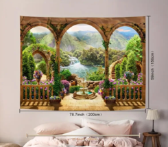 Scenic Arched Windows Exterior Floral View Fabric Tapestry 78.7&quot; x 59&quot; NEW! - £14.01 GBP