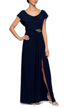 Alex Evenings Sz 8 Cowl Neck Gown Long Navy Dress ALine Matte Jersey Ple... - $74.24
