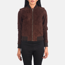LE Bliss Women Brown Suede Leather Bomber Jacket - $139.00+