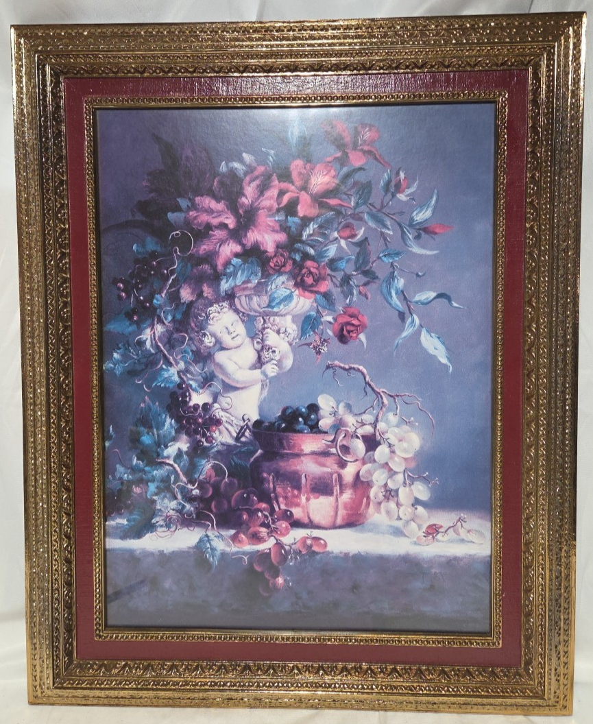 Vintage Retired Home Interior Cherub  Florals-Grapes-Angel Gold Framed 2... - $98.99