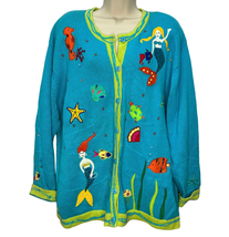 The Quacker Factory Embroidered Ocean Mermaid Blue Green Sweater Cardiga... - £39.07 GBP