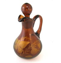 Czech Bohemian Brown Etched Glass Pitcher Butterfly Cut Cruet Bottle Stopper vtg - £17.49 GBP