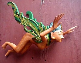 Dewi Sri Rice Goddess Flying Hanging Nude Lady Hand Wood 16&quot; long Green ... - £61.15 GBP