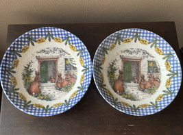 Royal Stafford Set of 2 Salad Bowls Easter Bunny Rabbit Family  Plaid Fl... - £25.92 GBP