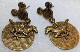 Earrings Disney Zebra Mickey Mouse Icon Circle Brushed Brass Gold Tone Dangle - $29.67