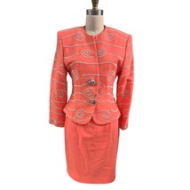Vtg 80s Magali Skirt Suit Orange Wool Mob Wife Gold Rope Applique Sz 8 M - $2,286.97 MXN