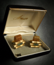 Anson Cuff Links Genuine Jade Gold Colored Stacked Bamboo with Mesh Wrap... - £15.92 GBP