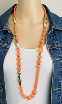 Vintage 80&#39;s Gold Tone Orange Plastic Bead Costume Necklace - £13.99 GBP