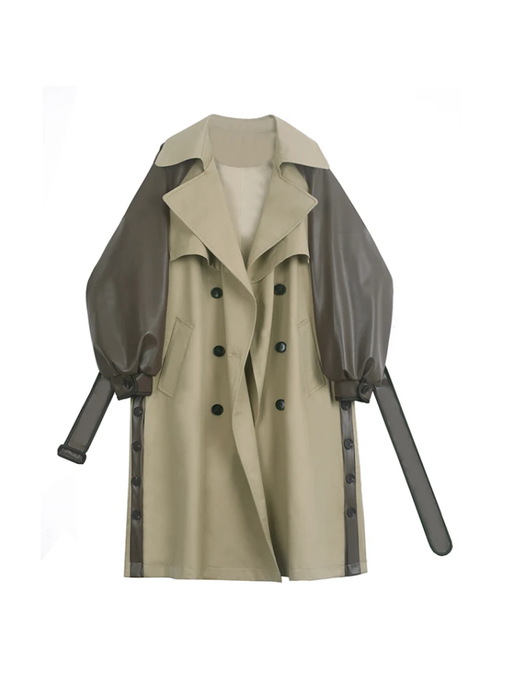 Paneled Khaki Trench Coat &#39;s New Autumn And Winter Simple Style Loose Waist Belt - £460.86 GBP