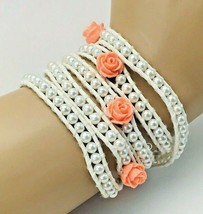 Coral Pink Lampwork Rose Pearl Beaded White Leather Wrap Bridal Bracelet - £14.03 GBP
