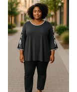 JM Collection Paisley Mood Bell Sleeve Tunic Top Lace Up Detail Sleeves ... - €27,42 EUR