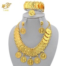 XUHUANG Ethiopian 24K Gold Plated Coins Necklace Bracelet Jewelry Set African Ha - £63.05 GBP