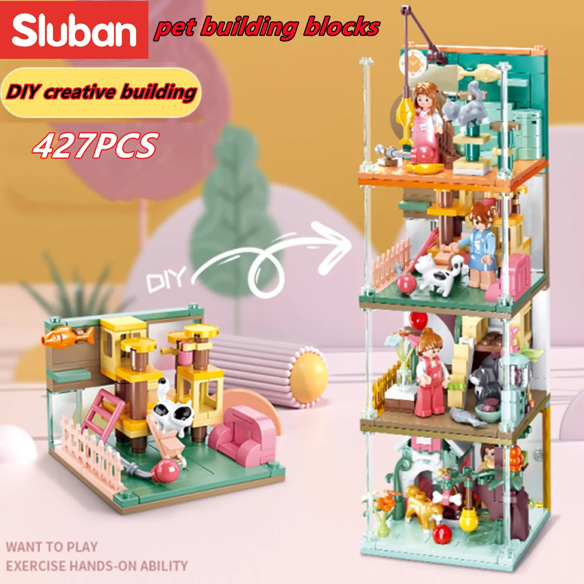 Ban building block toys mini handcrafts 4 in 1 b0919 pets house set garfield family cat thumb200