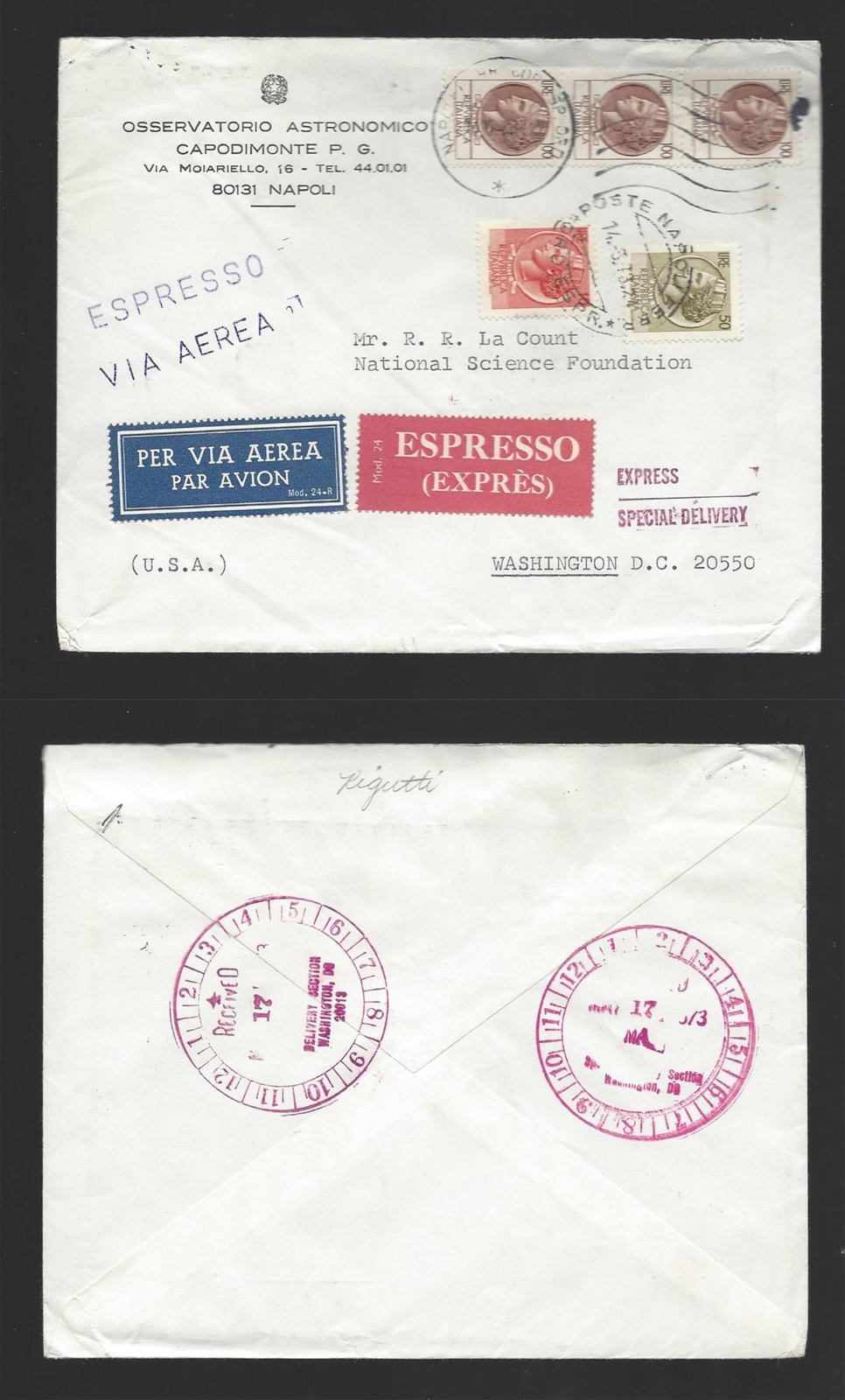Italy Express Special Delivery Multifranked Airmail 1973 Cover to US Backstamp - $14.50