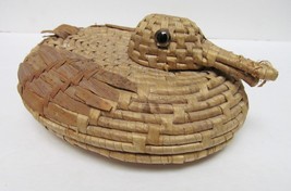 Vintage Woven Wicker Duck Basket Lidded Coiled Straw Folk Art Decor-6&quot;x8&quot;x3.5&quot; - £22.78 GBP