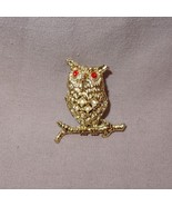 Vintage Owl on Branch Pin Brooch Metal Silver Tone Red Eyes Costume - £14.33 GBP