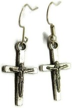Cross Religious Silver Tone Vertical Drop Dangle Hook Earrings Womans - £11.86 GBP