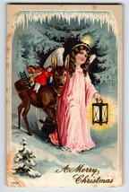 Christmas Postcard Angel Deer Lantern Toy Dolls Vintage 1910 Embossed Ser. 7888 - £9.79 GBP