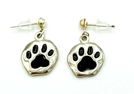 Silver Tone Black Enamel Cat Dog Animal Pet Paw Earrings - £9.49 GBP