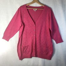 Quacker Factory Size 1x Pink w Crystals V-Neck Cardigan Sweater Viscose - £19.43 GBP