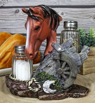 Ebros Chestnut Horse by Wagon Wheel Salt Pepper Shakers Holder Set 6.25" H - $24.99