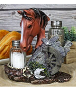 Ebros Chestnut Horse by Wagon Wheel Salt Pepper Shakers Holder Set 6.25" H - $24.99